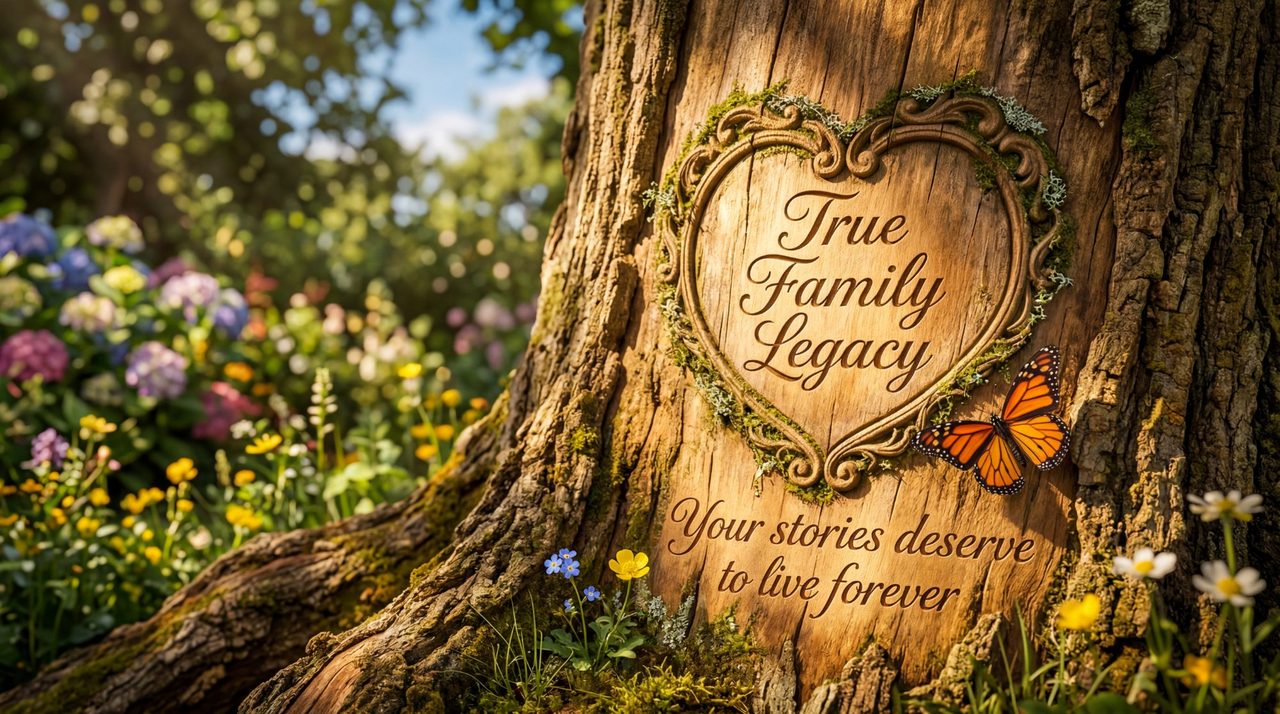 A tree carved with 'True Family Legacy — Your stories deserve to live forever' inside a heart, surrounded by wildflowers and a butterfly